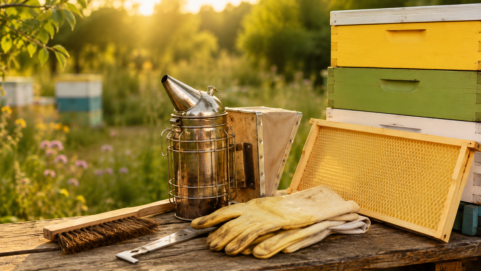 Beekeeping smoker, tools and hive boxes