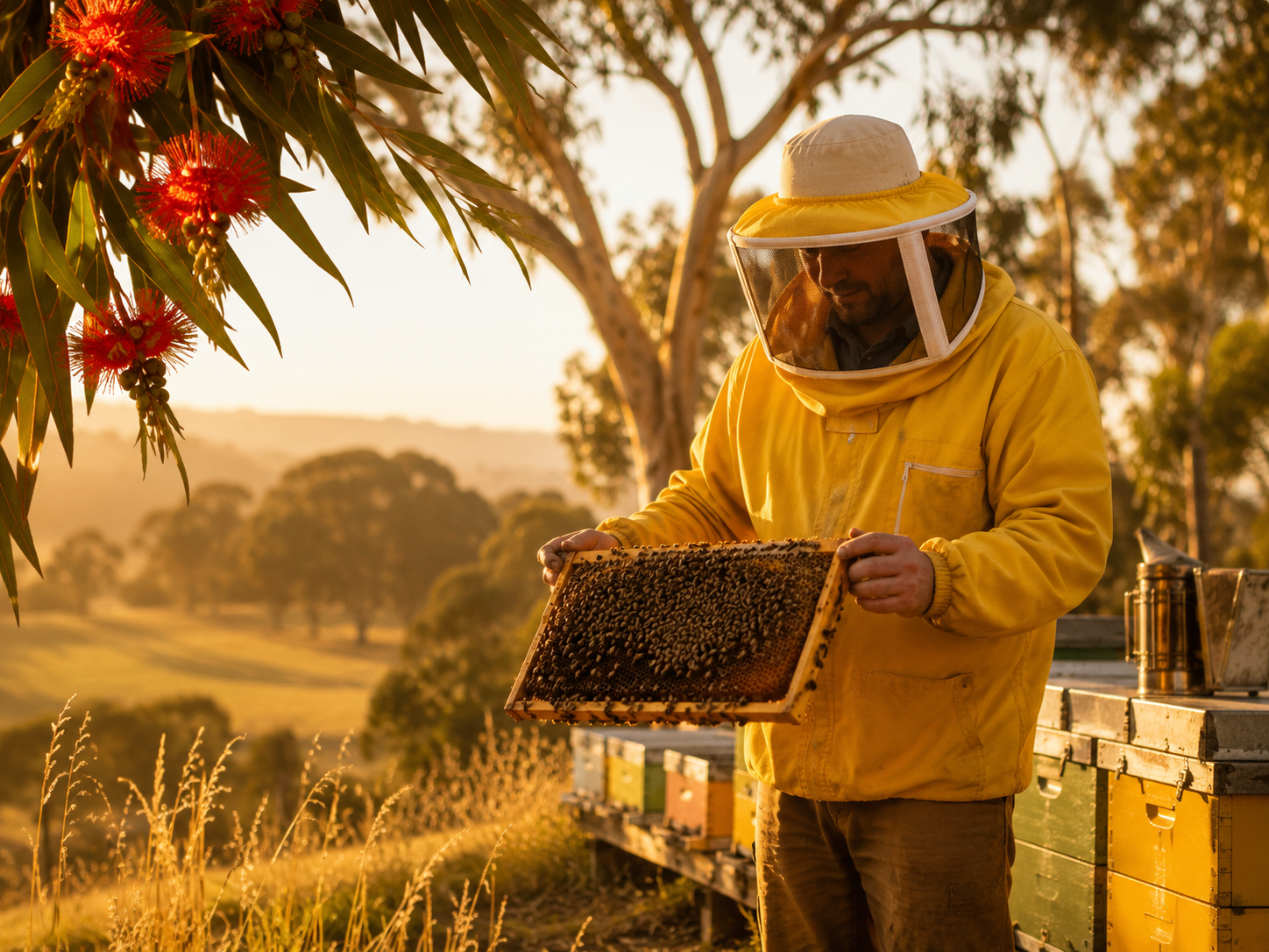 Beekeeper holding a honeycomb frame at golden hour